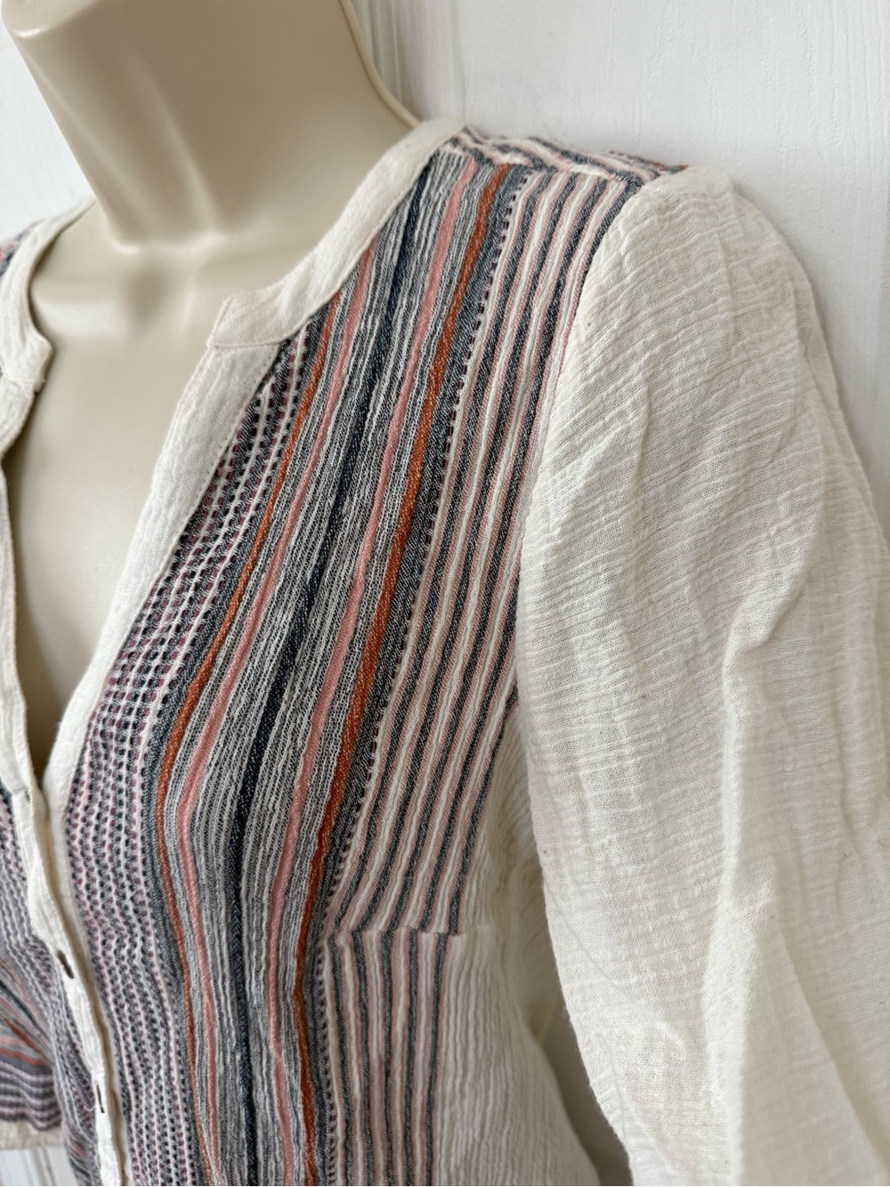 Liverpool Los Angeles Cream Boho Stripe Button Front Peasant Blouse XS - Picture 7 of 14